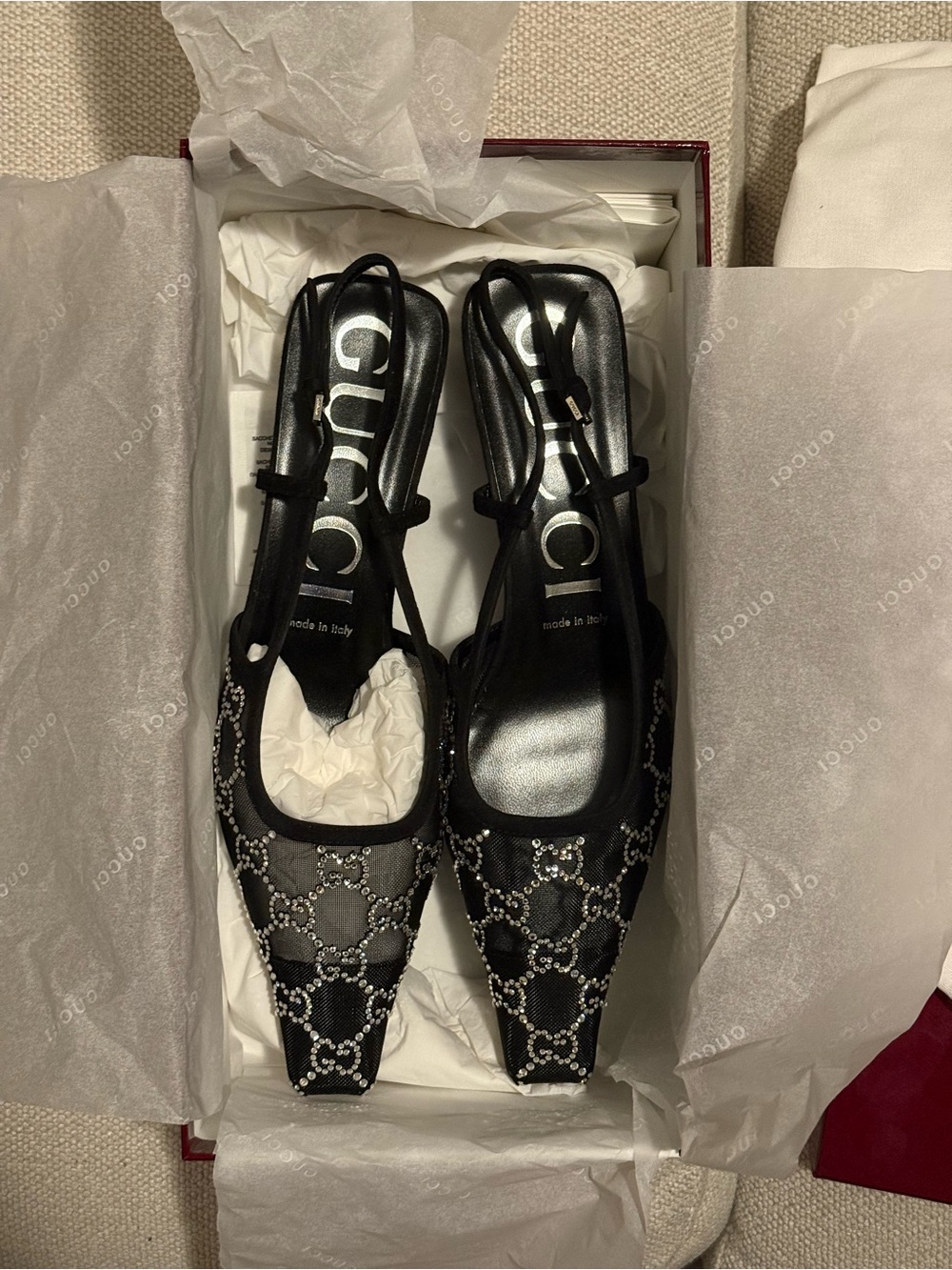 Gucci Black Crystal-Embellished Mesh Slingback Heels